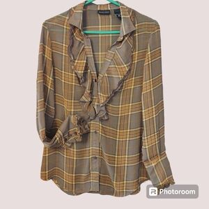 Sheer NY&Co brown and yellow plaid, ruffled front and sleeve blouse, Size 6